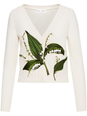 Oscar de la Renta floral-embroidered fine-knit cardigan - White