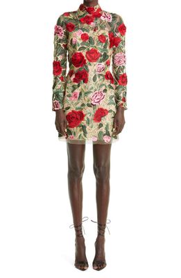 Oscar de la Renta Floral Embroidered Long Sleeve Cocktail Minidress in Multi