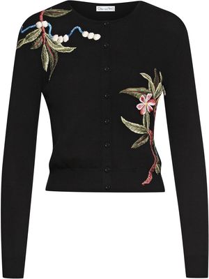 OSCAR DE LA RENTA floral-embroidered virgin wool cardigan - Black