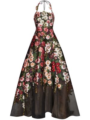 Oscar de la Renta floral-embroidery silk dress - Black