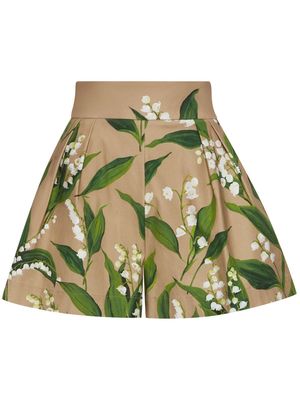 Oscar de la Renta floral-print pleated twill shorts - Neutrals