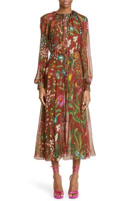 Oscar de la Renta Floral Tapestry Long Sleeve Silk Chiffon Dress in Rust Multi