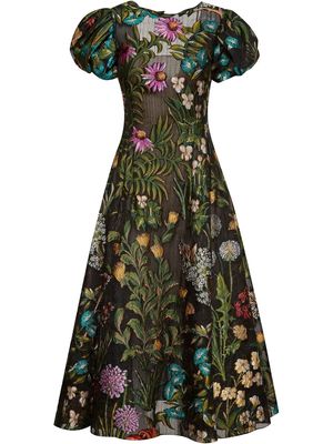 Oscar de la Renta Floral Tapestry print puff-sleeve midi dress - Black