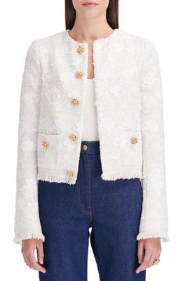Oscar de la Renta Gardenia Appliqué Tweed Jacket in Ivory/White