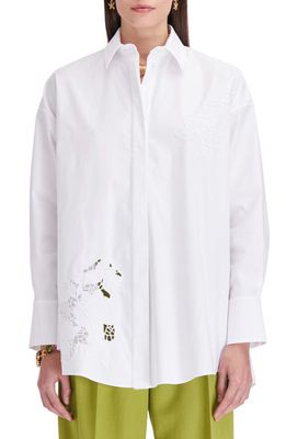 Oscar de la Renta Gardenia Embroidery Cotton Button-Up Shirt in White