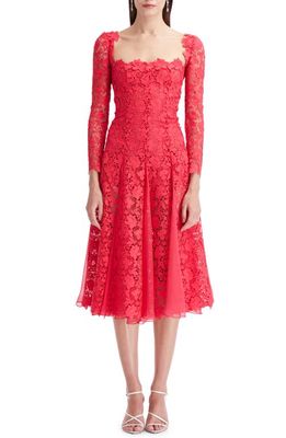 Oscar de la Renta Gardenia Long Sleeve Guipure Lace Fit & Flare Dress in Cerise