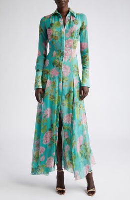 Oscar de la Renta Geranium Print Long Sleeve Silk Chiffon Maxi Dress in Pink/Jade