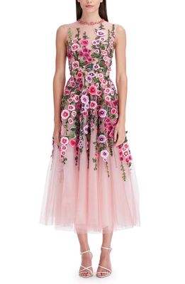 Oscar de la Renta Hollyhock Embroidered Sleeveless Chiffon Cocktail Dress in Dark Rose Multi