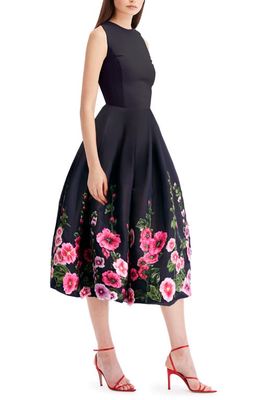 Oscar de la Renta Hollyhocks Border Print Sleeveless Fit & Flare Dress in Navy Multi
