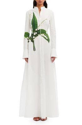 Oscar de la Renta Lily of the Valley Long Sleeve Tie Waist Maxi Shirtdress in Green/White
