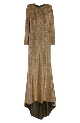 Oscar de la Renta Long Sleeve Lamé Gown with Train in Gold