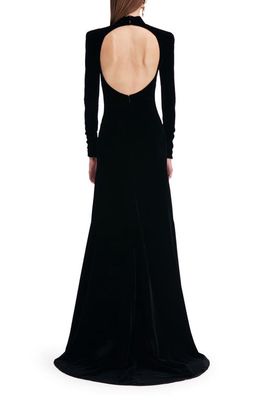 Oscar de la Renta Open Back Long Sleeve Velvet Gown in Black