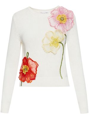 Oscar de la Renta Painted Poppies-embroidered cotton jumper - White