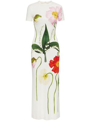 Oscar de la Renta Painted Poppies-print jersey maxi dress - White