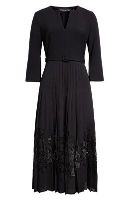 Oscar de la Renta Pleated Skirt Mixed Media Midi Dress in Black