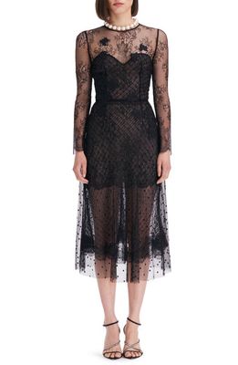 Oscar de la Renta Point d'Esprit Long Sleeve Tulle & Lace Cocktail Dress in Black
