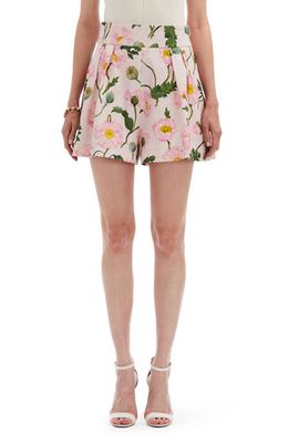 Oscar de la Renta Poppy Print Pleated Cloqué Jacquard Shorts in Pink/Soft Pink