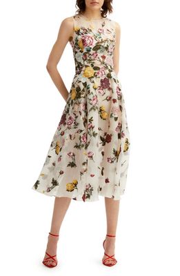 Oscar de la Renta Rose Pattern Open Back Silk Blend Dress in White Multi