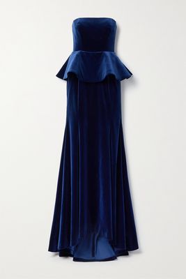 Oscar de la Renta - Strapless Ruffled Velvet Gown - Blue