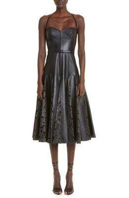 Oscar de la Renta Tulip Belted Laser Cutout Godet Lambskin Leather Dress in Black