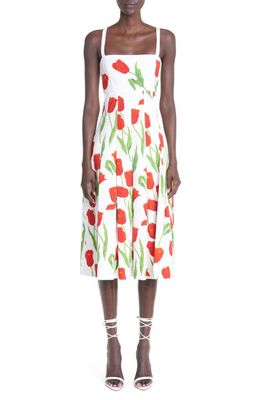 Oscar de la Renta Tulip Cotton Blend Dress in White/Red