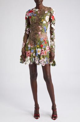 Oscar de la Renta Unfinished Floral Embroidered Long Sleeve Tulle Dress in Beige Multi