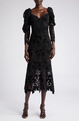Oscar de la Renta Velvet Guipure Lace Long Sleeve Dress in Black