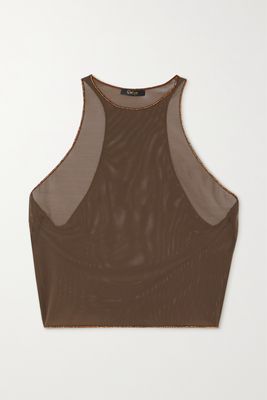 Oséree - Cropped Metallic Silk-trimmed Stretch-mesh Tank - Brown