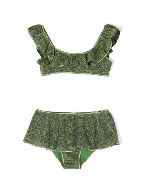 Oseree Kids metallic-effect ruffled bikini set - Green