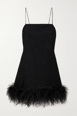 Oséree - Lumière Feather-trimmed Metallic Stretch-knit Mini Dress - Black