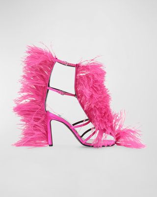 Ostrich Feather Ankle-Strap Caged Sandals