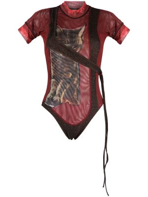 Ottolinger cat-print panelled mesh bodysuit - Red