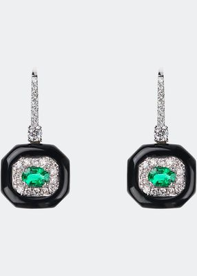 Oui 18k White Gold Black Enamel, Emerald & Diamond Drop Earrings
