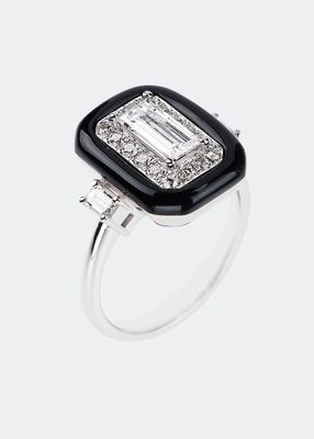 Oui 18k White Gold Black Enamel Ring w/ Mixed-Cut Diamonds
