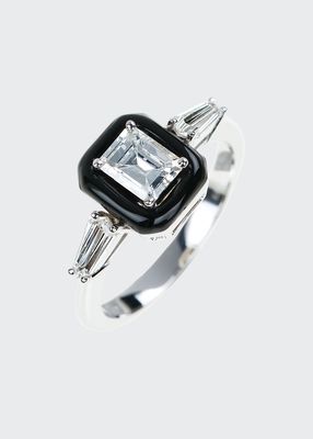 Oui 18k White Gold Diamond & Black Enamel Solitaire Ring