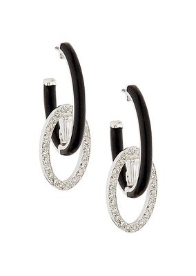 Oui A-Round 18K White Gold, 0.69 TCW Diamond & Black Enamel Hoop Earrings