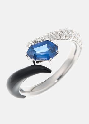 Oui White Gold Blue Sapphire, Diamonds and Black Enamel Ring