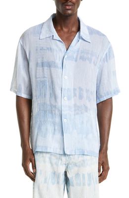 OUR LEGACY Stripe Boxy Short Sleeve Button-Up Shirt in Blue Brush Stroke Print