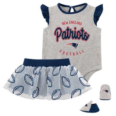 Outerstuff Girls Infant Heather Gray/Navy New England Patriots All Dolled Up Three-Piece Bodysuit