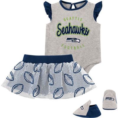 Outerstuff Girls Infant Heather Gray/Navy Seattle Seahawks All Dolled Up Three-Piece Bodysuit