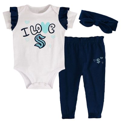 Outerstuff Girls Infant White/Deep Sea Blue Seattle Kraken I Love Hockey Bodysuit Pants & Headband Set