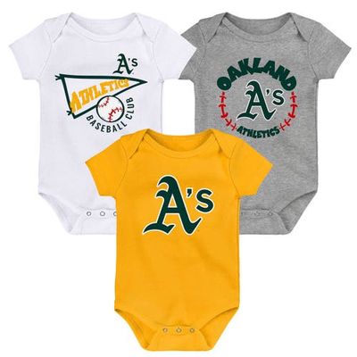 Outerstuff Infant Gold/White/Heather Gray Oakland Athletics Biggest Little Fan 3-Pack Bodysuit Set