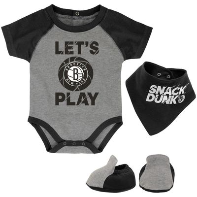 Outerstuff Infant Heathered Gray Brooklyn Nets Baby Hook Bodysuit Bib & Booties Set in Heather Gray