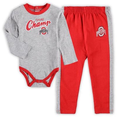 Outerstuff Infant Heathered Gray/Scarlet Ohio State Buckeyes Little Kicker Long Sleeve Bodysuit and Sweatpants Set in Heather Gray