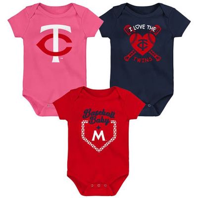 Outerstuff Infant Navy/Red/Pink Minnesota Twins Baseball Baby 3-Pack Bodysuit Set