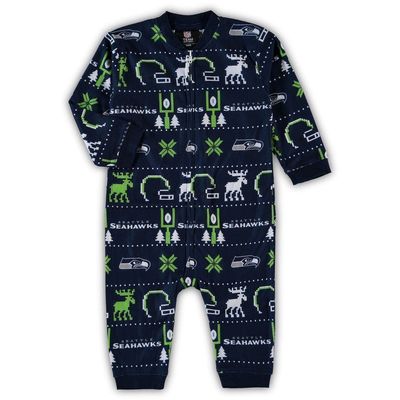 Outerstuff Infant Navy Seattle Seahawks Banded Long Sleeve Holiday Pajamas Full-Zip Jumper
