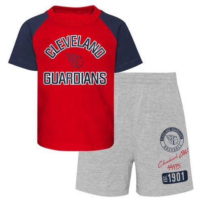 Outerstuff Infant Red/Heather Gray Cleveland Guardians Ground Out Baller Raglan T-Shirt and Shorts Set