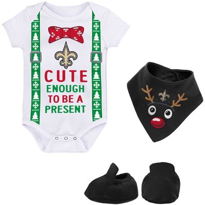 Outerstuff Infant White/Black New Orleans Saints My Little Present Bodysuit Bib & Booties Set