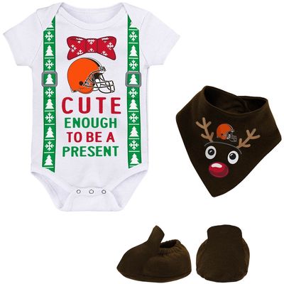 Outerstuff Infant White/Brown Cleveland Browns My Little Present Bodysuit Bib & Booties Set