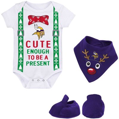Outerstuff Infant White/Purple Minnesota Vikings My Little Present Bodysuit Bib & Booties Set
